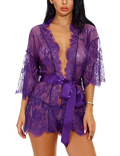 Sykooria Conjunto de Lencería Sexy Bata de Encaje Babydoll Kimono Ropa de Dormir Escote en V Profundo Camisón Camisón Ropa de Dormir Suave