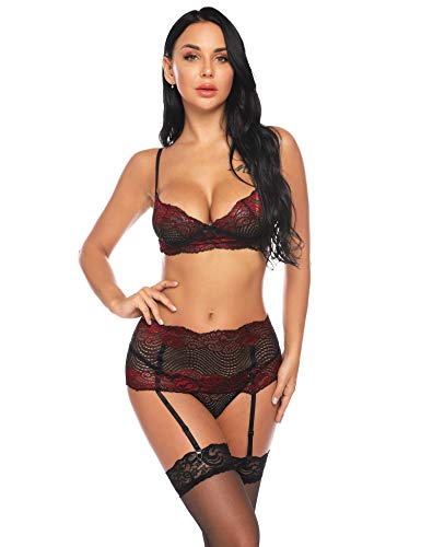 Sykooria Conjunto de Lencería Sexy Hueca Tirantes de Encaje Transparente Sujetadores con Liguero y Tanga Body Ropa de Dormir