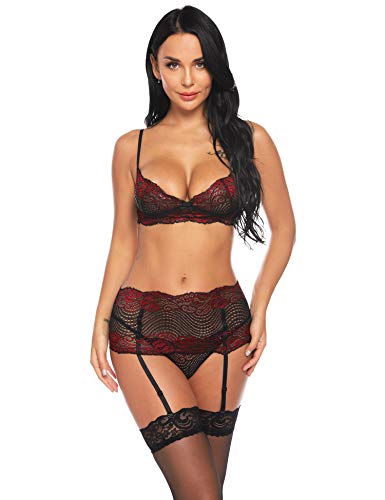 Sykooria Conjunto de Lencería Sexy Hueca Tirantes de Encaje Transparente Sujetadores con Liguero y Tanga Body Ropa de Dormir