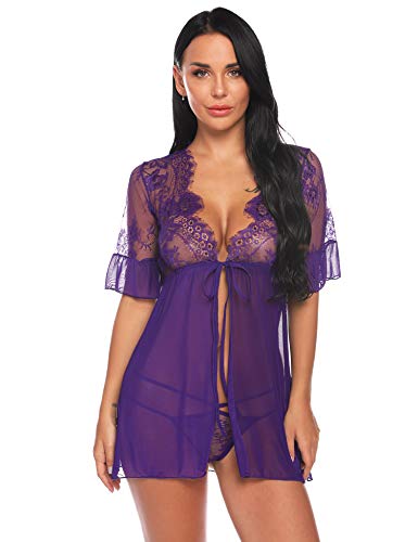 Sykooria Conjunto de Lencería Sexy para Mujer Pestaña Babydoll Frente Abierto Camisón de Encaje Floral Chaquetas Vestidos Malla Transparente Malla de Encaje de Media Manga