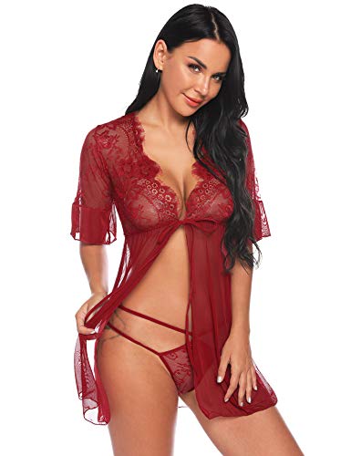 Sykooria Conjunto de Lencería Sexy para Mujer Pestaña Babydoll Frente Abierto Camisón de Encaje Floral Chaquetas Vestidos Malla Transparente Malla de Encaje de Media Manga