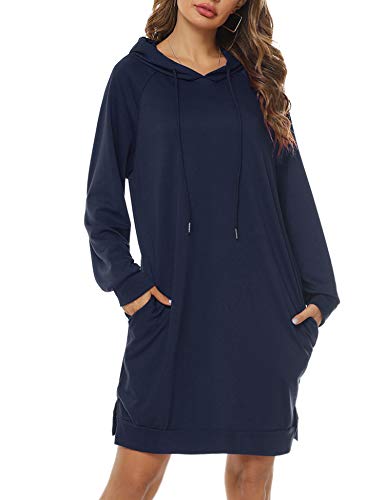 Sykooria Sudadera Larga con Capucha para Mujer Vestido Deportiva de Algodón con Bolsillos Jersey de Casual de Otoño Invierno de Color Sólido