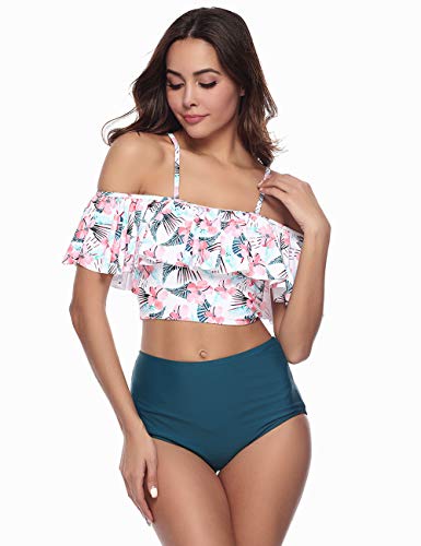 Sykooria Traje de Baño Mujer Bañador Top Flounce Bikini Set Acolchado con Estampado Floral Cintura Alta Push up con Relleno Playa de Verano S-XL