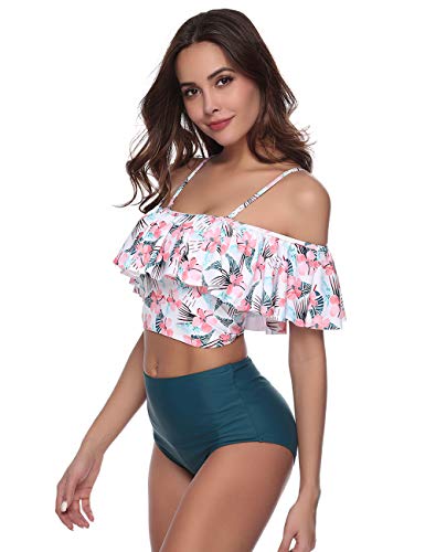 Sykooria Traje de Baño Mujer Bañador Top Flounce Bikini Set Acolchado con Estampado Floral Cintura Alta Push up con Relleno Playa de Verano S-XL