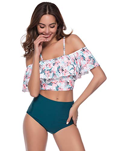 Sykooria Traje de Baño Mujer Bañador Top Flounce Bikini Set Acolchado con Estampado Floral Cintura Alta Push up con Relleno Playa de Verano S-XL