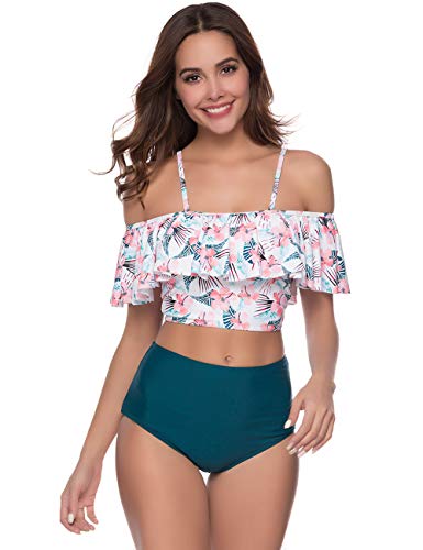 Sykooria Traje de Baño Mujer Bañador Top Flounce Bikini Set Acolchado con Estampado Floral Cintura Alta Push up con Relleno Playa de Verano S-XL