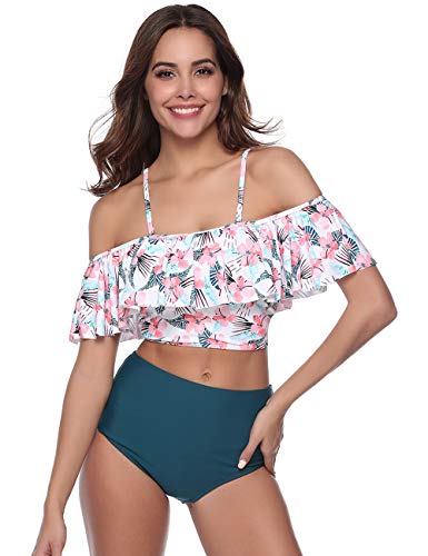 Sykooria Traje de Baño Mujer Bañador Top Flounce Bikini Set Acolchado con Estampado Floral Cintura Alta Push up con Relleno Playa de Verano S-XL