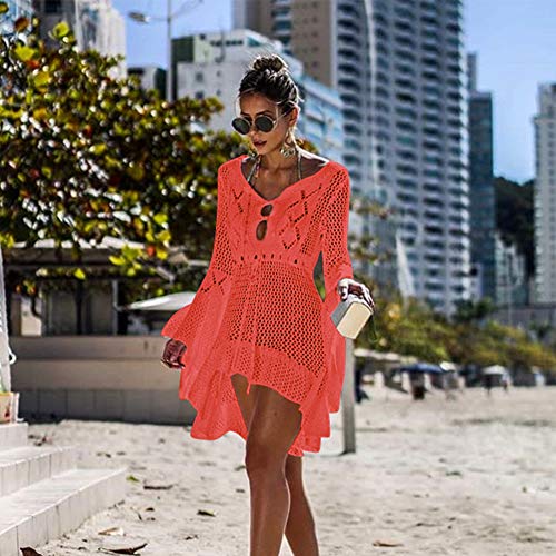 Tacobear Mujer Pareos Playa Traje de Baño Verano Vestido de Playa Sexy Bikini Cover up Camisola de Playa Túnica de Punto (Naranja Rojo)