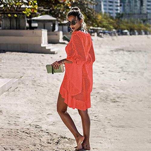 Tacobear Mujer Pareos Playa Traje de Baño Verano Vestido de Playa Sexy Bikini Cover up Camisola de Playa Túnica de Punto (Naranja Rojo)