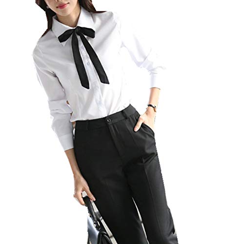 Taiduosheng Blusas de manga larga con botones blancos para mujer con corbatas
