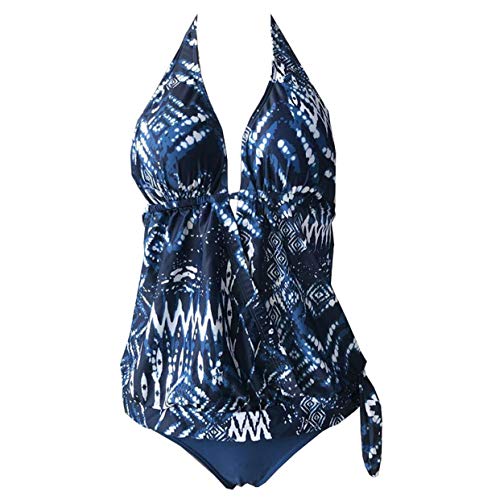 Tankini Bikini Cuello Halter Conjunto Bikinis con Relleno Mujer Bañador Push Up Dos Piezas Natacion Trajes de Baño Mujer Bañadores Natacion Señora Playa Trikini Biquini Cintura Alta Gorditas Azul L