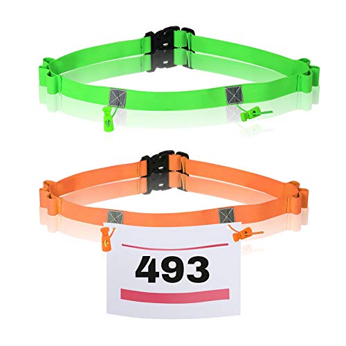 TAZEMAT 2pcs Cinturón para Número de Carrera Maratón Triatlón Unisex Portadorsal para Competición con 6 Espacios para Gel Ajustable Talla Única Color Verde y Naranja Porta Dorsal para Ciclismo