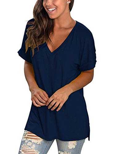 TEENSHOT - Camiseta casual de verano con cuello en V para mujer, laterales abiertos Azul 01-azul oscuro XXL
