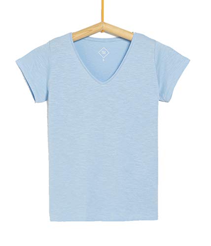 TEX - Camiseta Manga Corta Lisa para Mujer, Celeste, XL