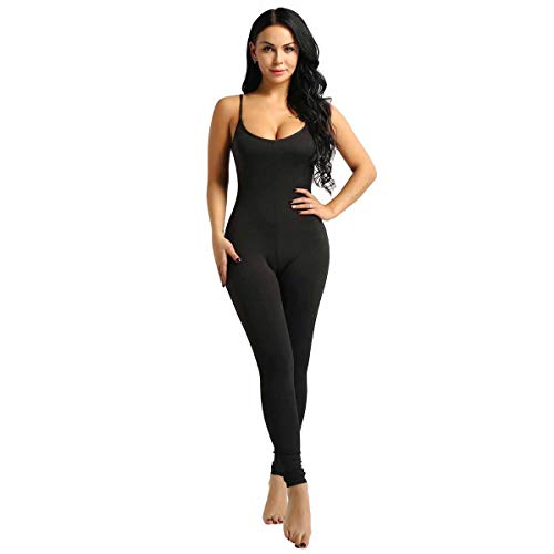 TiaoBug Leotardo para Danza Yoga Mujeres Jumpsuit Monos Elástico de Espaquetis Deportivo Bodysuit Maillots Una Pieza Sueva Negro Medium