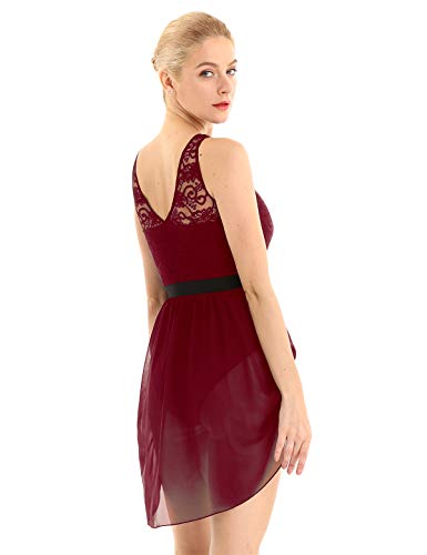 TiaoBug Vestido de Danza Contemporanea Mujer Cuello V Maillots Ballet Falda de Gasa Asimétrica Leotardo Gimnasia Patinaje Ritmico Fitness Monos Burgundy Small
