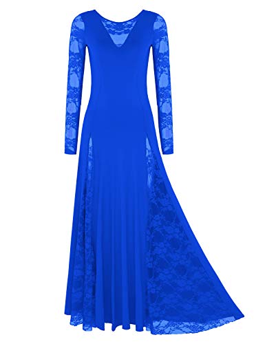 TiaoBug Vestido Largo Mujer de Danza Waltz Tango Flamenco Vestido Encaje Danza Contemporanea Baile Salón Dancewear Mujeres Elegante Royal_Blue Large