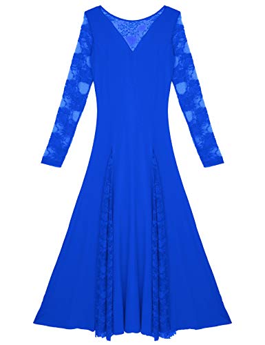 TiaoBug Vestido Largo Mujer de Danza Waltz Tango Flamenco Vestido Encaje Danza Contemporanea Baile Salón Dancewear Mujeres Elegante Royal_Blue Large