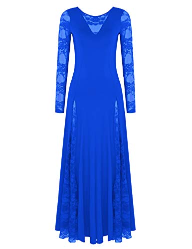 TiaoBug Vestido Largo Mujer de Danza Waltz Tango Flamenco Vestido Encaje Danza Contemporanea Baile Salón Dancewear Mujeres Elegante Royal_Blue Large