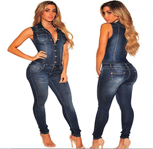 TieNew 2018 Mujer Sexy Jeans Monos de Vaquero con Mangas Jeans para Mujer Jumpsuit Largo y Elegante V Cuello Vaqueros Monos Tejanos Largos De Vestir Mujer Largos Casual Vaqueros