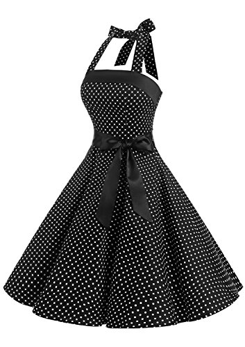 Timormode 10212 Vestido De Vintage 50s Cuello Halter Elegante Mujer Pegueña Negro Blanco S