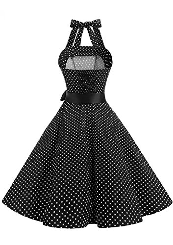 Timormode 10212 Vestido De Vintage 50s Cuello Halter Elegante Mujer Pegueña Negro Blanco S