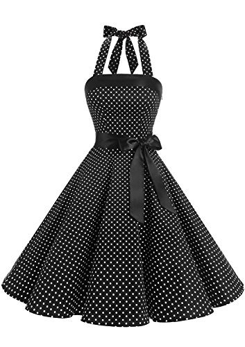 Timormode 10212 Vestido De Vintage 50s Cuello Halter Elegante Mujer Pegueña Negro Blanco S