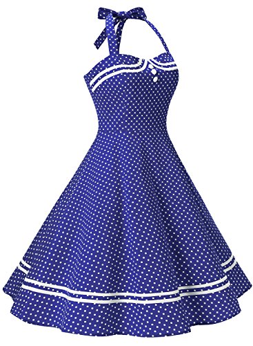 Timormode Vestido Cóctel Corto Vintage 50s Cuello Halter Vestido De Fiesta Rockabilly Mujer Azul Real Puntos L