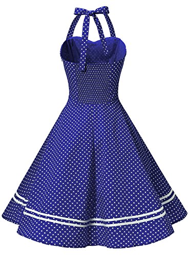 Timormode Vestido Cóctel Corto Vintage 50s Cuello Halter Vestido De Fiesta Rockabilly Mujer Azul Real Puntos L