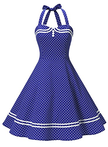 Timormode Vestido Cóctel Corto Vintage 50s Cuello Halter Vestido De Fiesta Rockabilly Mujer Azul Real Puntos L
