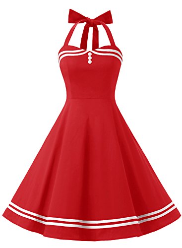 Timormode Vestido Cóctel Corto Vintage 50s Cuello Halter Vestido De Fiesta Rockabilly Mujer Rojo M