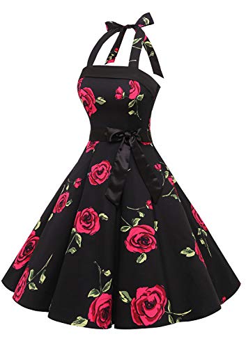 Timormode – Vestido de cóctel sexy, retro, vintage, para mujer, diseño de los años 40, 50 y 60, estilo Rockabilly, con escote C- Noir Fleur Rouge L