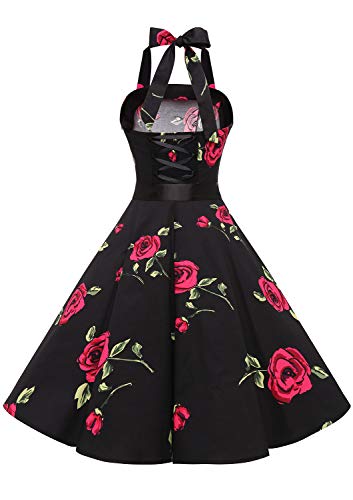 Timormode – Vestido de cóctel sexy, retro, vintage, para mujer, diseño de los años 40, 50 y 60, estilo Rockabilly, con escote C- Noir Fleur Rouge L