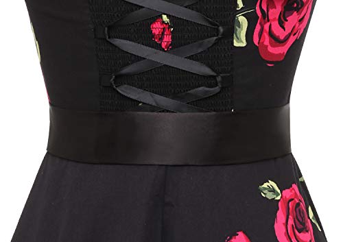 Timormode – Vestido de cóctel sexy, retro, vintage, para mujer, diseño de los años 40, 50 y 60, estilo Rockabilly, con escote C- Noir Fleur Rouge L