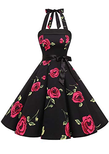 Timormode – Vestido de cóctel sexy, retro, vintage, para mujer, diseño de los años 40, 50 y 60, estilo Rockabilly, con escote C- Noir Fleur Rouge L