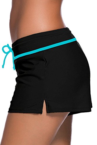 Tmaza Shorts de Baño Mujer Bañador Short Deportes Acuáticos Shorts de Natación Secado Rápido Bañador de Pantalon Cortos con cordón Ajustables, Negro Blanco S