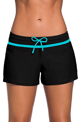 Tmaza Shorts de Baño Mujer Bañador Short Deportes Acuáticos Shorts de Natación Secado Rápido Bañador de Pantalon Cortos con cordón Ajustables, Negro Blanco S