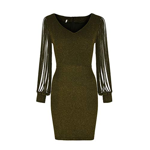 TOFOTL Vestido de mujer elegante con lentejuelas y manga larga, cuello en V, vestido de fiesta, vestido de playa, mini vestido D-armeegrün L