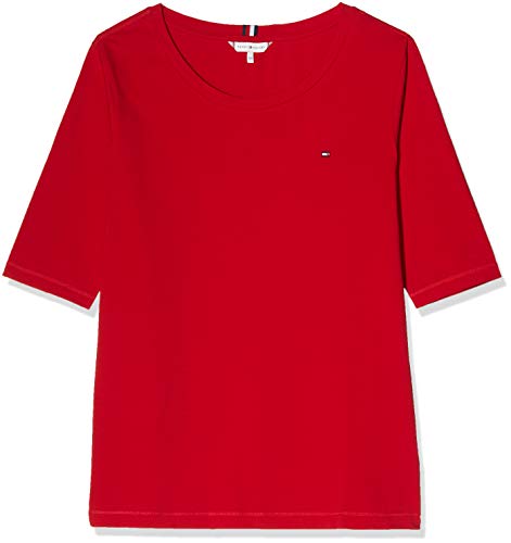 Tommy Hilfiger TH ESS SLD Round-nk Top 1/2 Slv Camisa, Rojo (Primary Red), S para Mujer