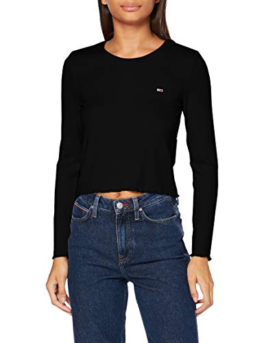 Tommy Jeans TJW Rib Crop Longsleeve Camisa, Negro, L para Mujer
