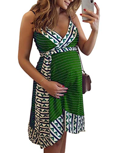 Tomwell Vestidos para Premamá Sin Mangas Falda De Tirantes Cuello En V Irregular Falda Costuras Vestidos Embarazadas con Borde De Cinturón Mini Vestido Verde 38