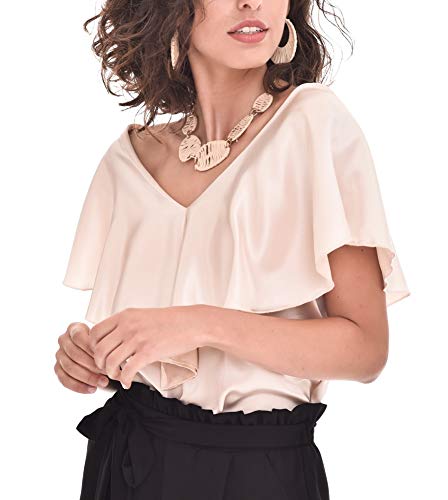 Top Blusa Mujer Casual Verano Fiesta Liso Volante (Vanilla, XL) T220155