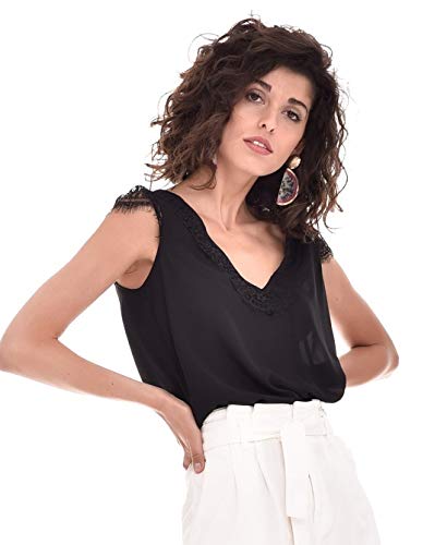 Top Lencero Encaje Mujer Verano Casual Fiesta Liso Tirantes (Negro, XL) T220129