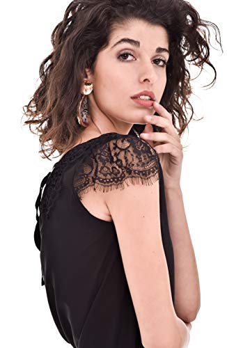 Top Lencero Encaje Mujer Verano Casual Fiesta Liso Tirantes (Negro, XL) T220129