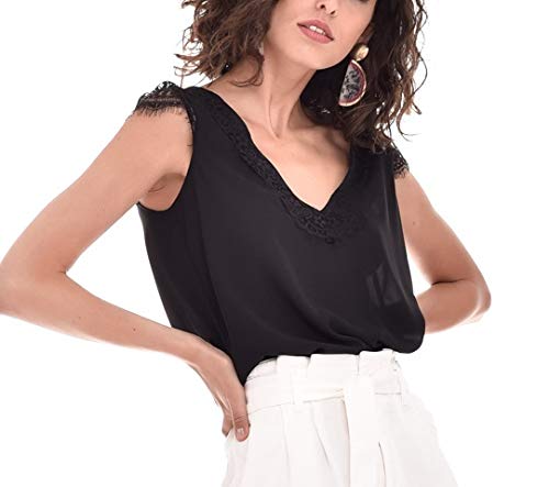 Top Lencero Encaje Mujer Verano Casual Fiesta Liso Tirantes (Negro, XL) T220129