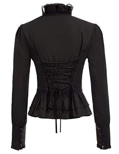 Top Victoriana Blusa Vintage de Mangas Largas con Cuello Subido de Volantes para Mujer M Negro