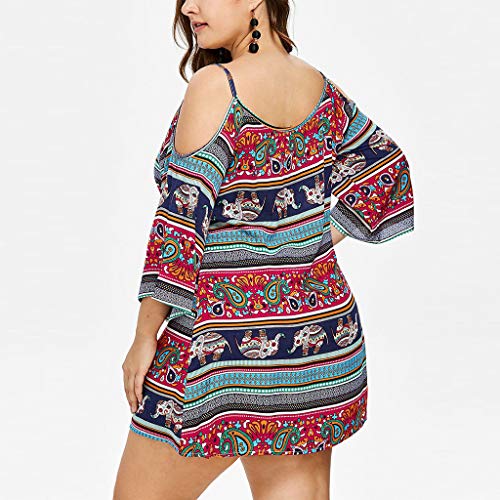 TOPKEAL Mini Vestido de Estilo Étnico de Tallas Grandes para Mujer Vestido Juvenil Hombro Boho a Rayas Manga Larga