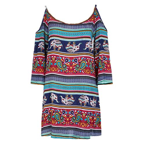 TOPKEAL Mini Vestido de Estilo Étnico de Tallas Grandes para Mujer Vestido Juvenil Hombro Boho a Rayas Manga Larga