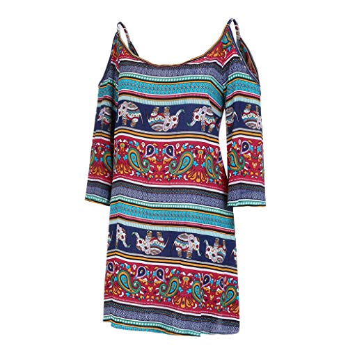 TOPKEAL Mini Vestido de Estilo Étnico de Tallas Grandes para Mujer Vestido Juvenil Hombro Boho a Rayas Manga Larga