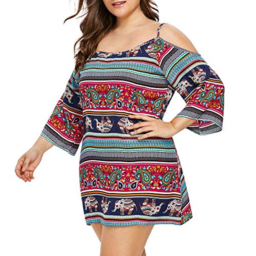 TOPKEAL Mini Vestido de Estilo Étnico de Tallas Grandes para Mujer Vestido Juvenil Hombro Boho a Rayas Manga Larga